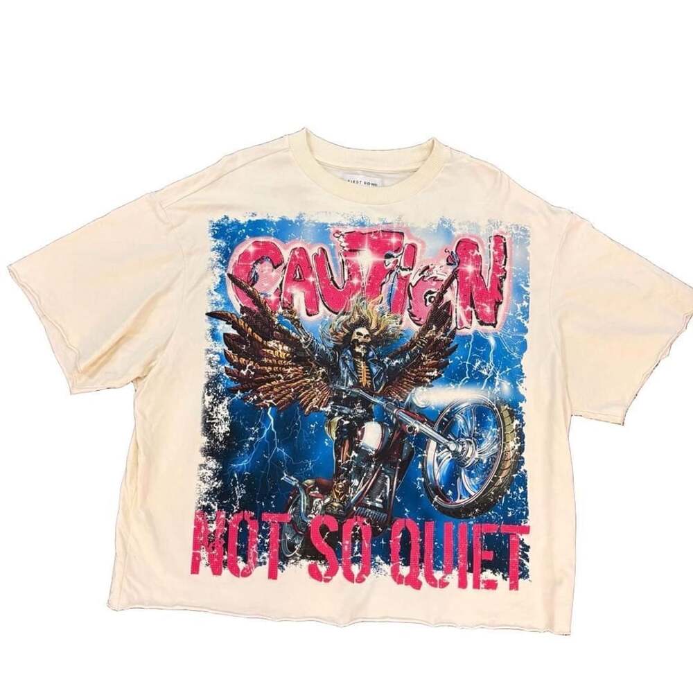 First Row Men's L Skeleton Distressed Rhinestone Short Sleeve T-Shirt Streetwear